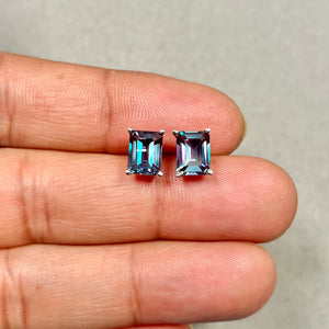 AAA Emerald Cut Russian Lab Created Alexandrite Scroll Stud Earrings 3.75–4.15 Cts 8x6 mm 14K White Gold