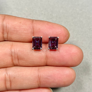 Emerald cut lab created alexandrite stud earrings color change green to purple