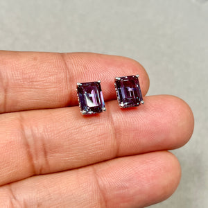 9x7mm AAA Lab-Created Alexandrite Stud Earrings | 14K White Gold | Emerald Cut | Color Change