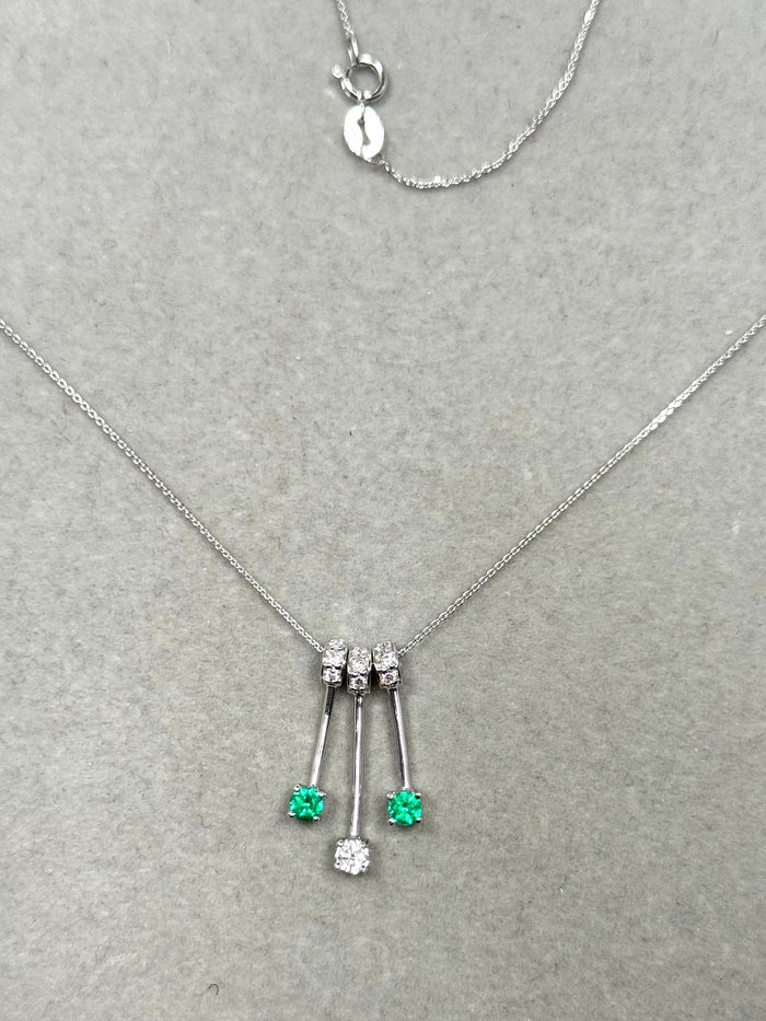 Emerald & Diamond Necklace 14K White Gold | 0.18 ct Emerald + 0.10 ct Diamonds | Natural Gemstone Pendant with 18" Chain