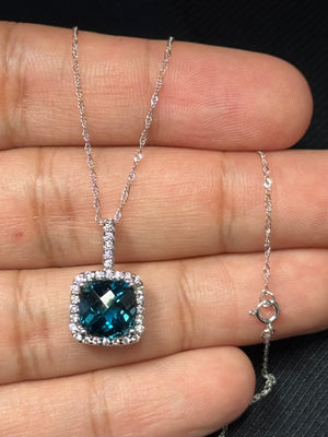 London Blue Topaz & Diamond Pendant 14K White Gold | 2.05 ct Topaz + 0.22 ct Diamonds | 18” Chain | Natural Gemstone Necklace
