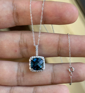 London Blue Topaz & Diamond Pendant 14K White Gold | 2.05 ct Topaz + 0.22 ct Diamonds | 18” Chain | Natural Gemstone Necklace