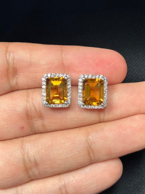 Pair of citrine and diamond earrings in 14K white gold