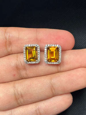 Citrine & Diamond Earrings 14K White Gold | 6.00 ct Citrine + 0.42 ct Diamonds | Natural Gemstone Stud Earrings