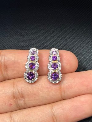 14K yellow gold earrings with round amethyst and diamond accents