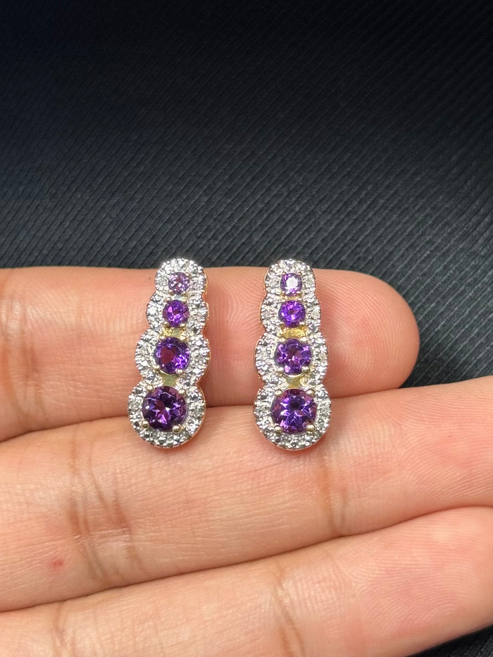 Amethyst & Diamond Earrings 14K Yellow Gold | AA Purple Amethyst + 0.08 ct Diamonds | Hinged Snap Back Earrings