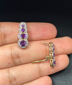 Amethyst & Diamond Earrings 14K Yellow Gold | AA Purple Amethyst + 0.08 ct Diamonds | Hinged Snap Back Earrings