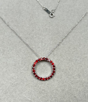Garnet Circle Pendant 14K White Gold | 24 Natural Garnets | 0.95 ct Total Weight | 18” Chain