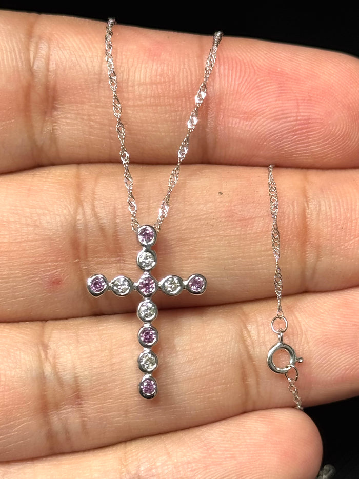 Diamond & Pink Sapphire Cross Pendant 14K White Gold | Natural Stones | 0.20 ct Diamonds + 0.24 ct Pink Sapphire | 18” Chain