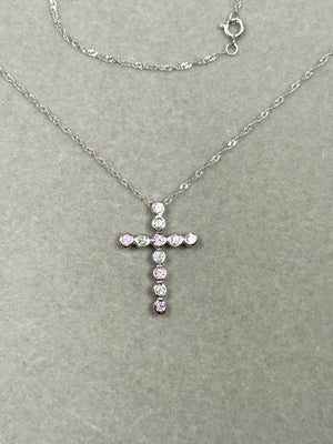 Diamond & Pink Sapphire Cross Pendant 14K White Gold | Natural Stones | 0.20 ct Diamonds + 0.24 ct Pink Sapphire | 18” Chain
