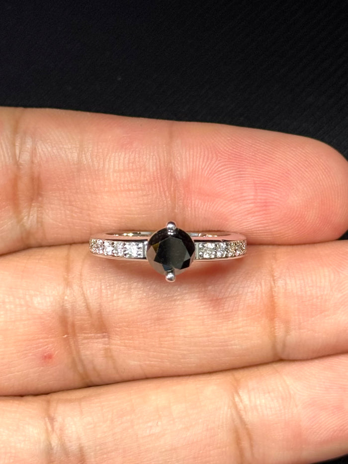 Black Diamond Ring 18K White Gold | 1.00 ct Round Black Diamond + 0.30 ct Accent Diamonds | Prong-Set Women’s Ring