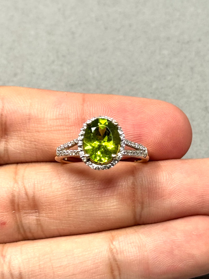 Peridot & Diamond Halo Ring 14K Yellow Gold | 2.15–2.68 ct Peridot + 0.53 ct Diamonds | Oval Green Gemstone Ring