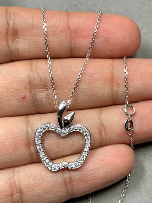Diamond Apple Pendant - 14K White Gold, 18" Chain