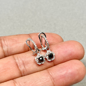 Black & White Diamond Drop Earrings | 14K White Gold Omega Back | Rose Cut Black Diamond | Convertible Luxury Earrings