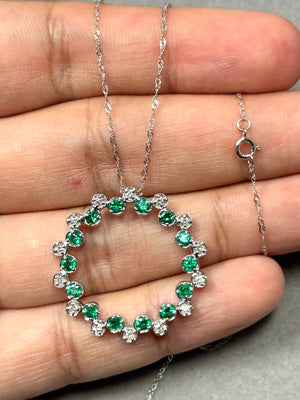 0.30 Ct Diamond & 0.75 Ct Natural Emerald Pendant 14K White Gold, Elegant Green Gemstone Necklace