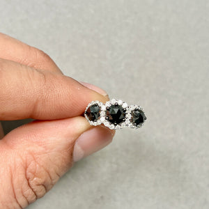 14K White Gold Black & White Diamond Heart Ring 2.05 CTW | 3-Stone Rose Cut 1.65 ct Black Diamonds | AAA Women’s Diamond Gift Ring