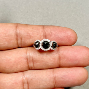 14K White Gold 2.05 CTW Black & White Diamond Heart Ring with 3-stone rose cut natural black diamonds, prong-set luxury diamond jewelry gift for women.