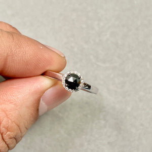 Black & White Diamond Ring 925 Silver | 5.1mm Rose Cut Black Diamond 0.50ct + 16 White Diamonds | Women Fashion, Anniversary Gift