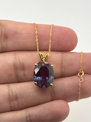 16x12mm Lab Alexandrite Pendant | 14K Yellow Gold Oval Scroll Solitaire Necklace — Color Change Fine Jewelry