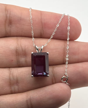 Color changing alexandrite necklace with emerald cut solitaire pendant in 14K white gold for women