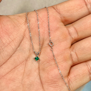 AAA princess-cut lab emerald solitaire pendant in solid 14K white gold featuring a 3mm green gemstone set in four prongs with an 18-inch Singapore chain. White gold lab emerald necklace designed for women seeking compact gemstone jewelry, clean geometry, and modern fine jewelry with consistent color and clarity. 