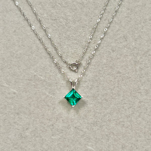 6mm AAA princess cut lab created emerald solitaire pendant necklace in solid 14K white gold with Singapore chain, eye-clean clarity, medium-dark green May birthstone fine jewelry gift for her.