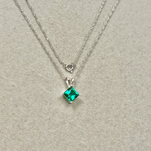 0.83–1.03 Ct | 6mm AAA Princess Cut Lab Emerald Pendant | 14K White Gold Singapore Chain | May Birthstone Jewelry Gift