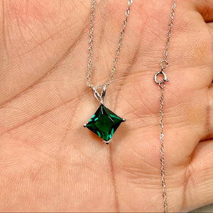 8mm princess cut lab created emerald solitaire pendant in 14K white gold with AAA green gemstone, four prong setting and 18 inch Singapore chain, womens emerald necklace for minimalist fine jewelry collections