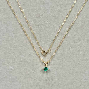 3mm AAA princess cut lab created emerald solitaire pendant necklace in solid 14K yellow gold with Singapore chain, eye-clean clarity, medium-dark green May birthstone fine jewelry gift for her.