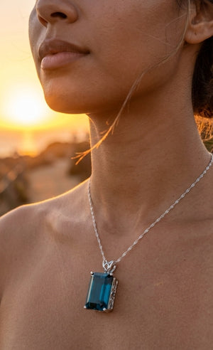 14K white gold London Blue Topaz pendant necklace with emerald cut luxury gemstone pendant design