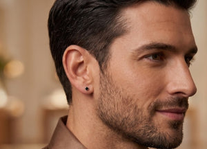 Man Wearing Black Diamond Stud Earrings for Modern Anniversary Jewelry Style