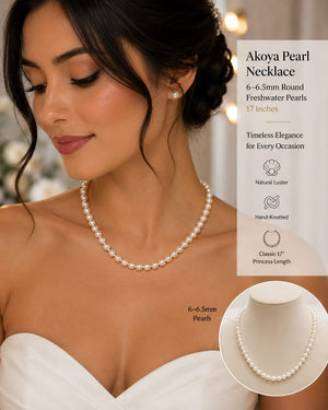 Woman wearing classic Akoya pearl necklace styled for wedding or anniversary occasion