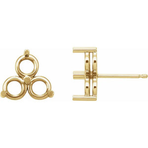 14k gold round three stone earring mounting for gemstones
