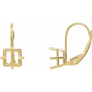 14K Gold Square 4-Prong Wire Basket Lever Back Earring Mounting Available in 6x6mm - 7x7mm
