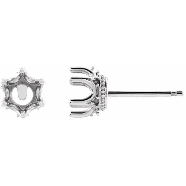 14K Gold Round 6-Prong Accented Crown Earring Mounting Available in 4mm - 6mm