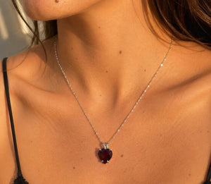 10 mm Natural Garnet Heart Pendant | 14K White Gold AAA Heart Solitaire Necklace Gift for Her