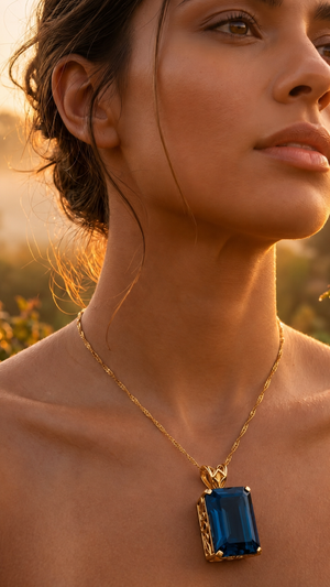 London Blue Topaz Pendant Necklace | 14K Yellow Gold Emerald Cut Scroll Solitaire Luxury Statement Jewelry Gift for Her
