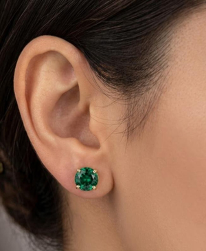 Lab created Emerald Stud Earrings 14K Yellow Gold | 8mm AAA Round Lab Created Emerald Bold Gemstone Earrings 3–4 Ct Statement Gift for Her