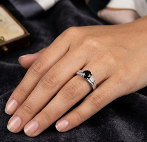 Black Diamond Engagement Ring 14K White Gold |Black Diamond Ring with White Diamond Side Stones an alternative Bridal Ring Size 7