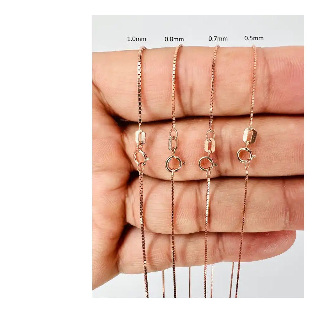 14K Rose Gold Venetian Box Link Chain Necklace Spring Ring clasp Closure Available in 0.5mm 1.0mm Thickness