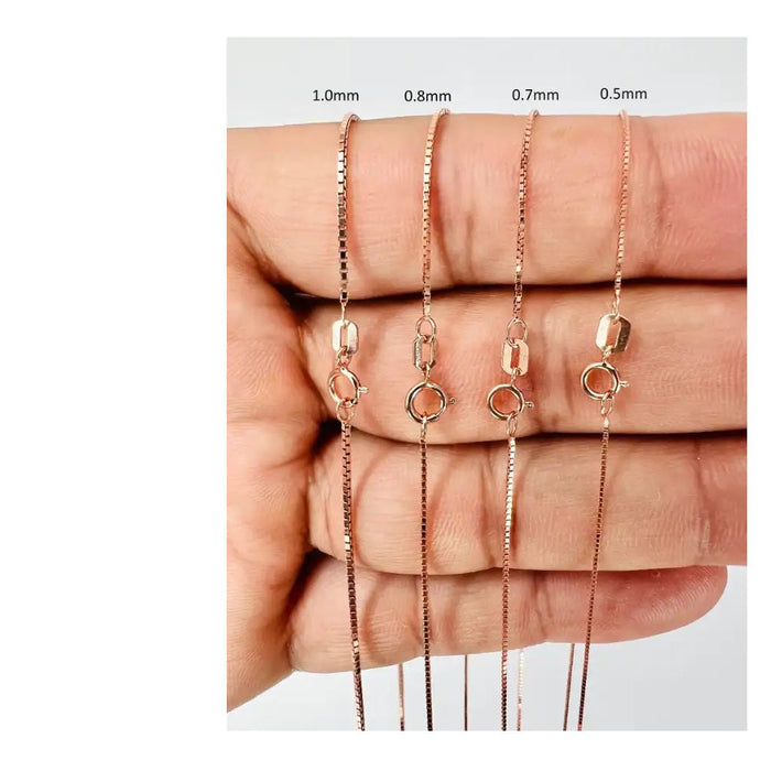 14K Rose Gold Venetian Box Link Chain Necklace Spring Ring clasp Closure Available in 0.5mm - 1.0mm Thickness