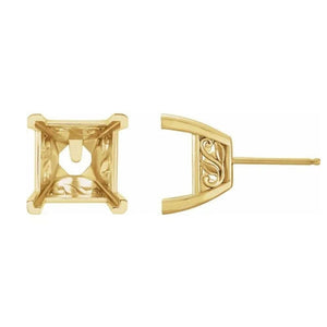 14K Gold Square 4-Prong Laurel Scroll Earring Mounting Available in 8x8mm - 14x14mm