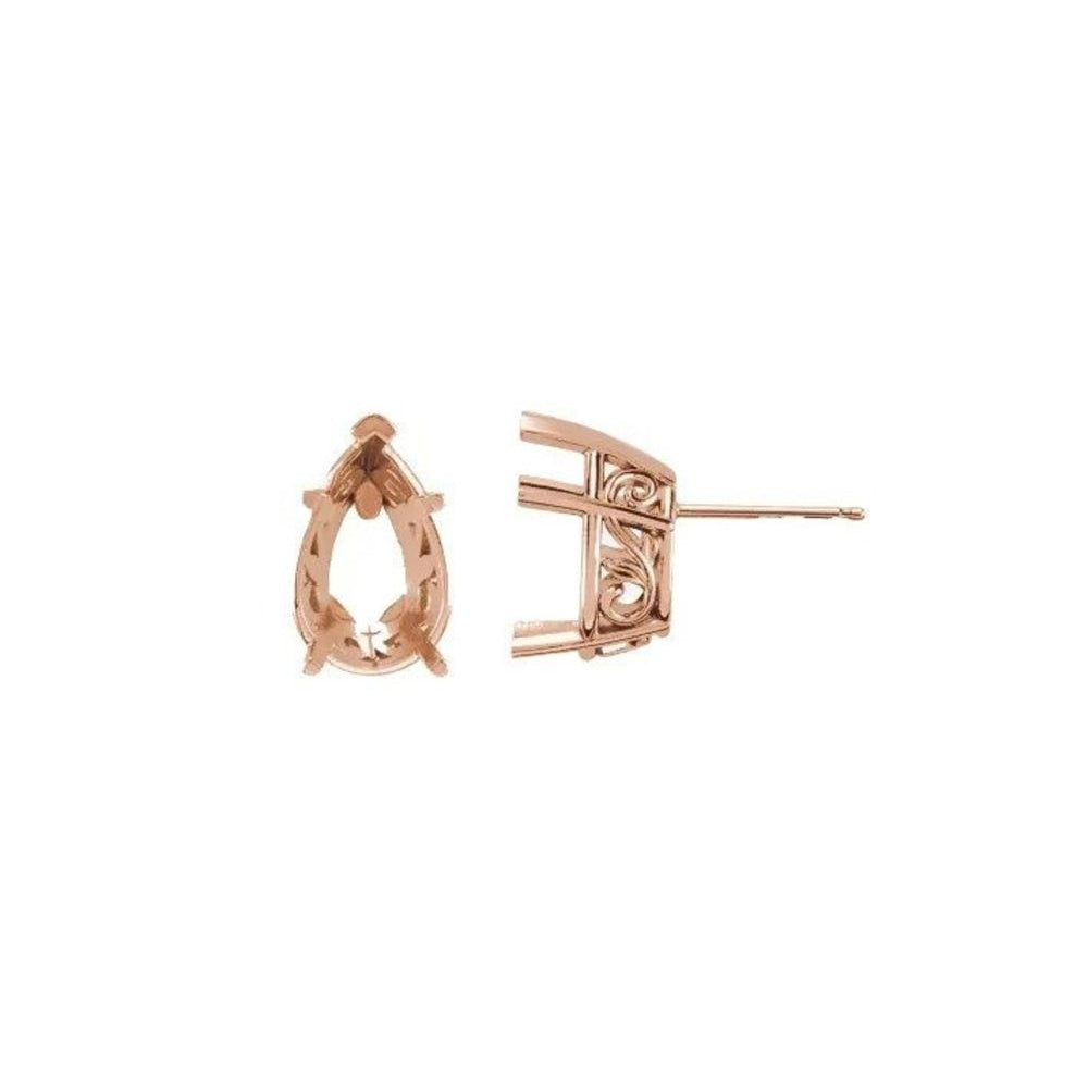 14K Gold Pear 5-Prong V-End Laurel Scroll Earring Mounting Available in 12x8mm - 14x9mm